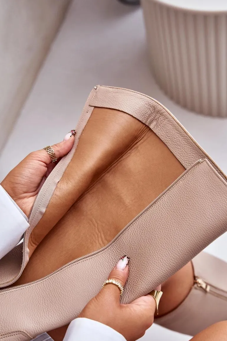 Skórzane Kozaki Damskie Do Połowy Łydki Na Zamek Lewski 3616 Beżowe