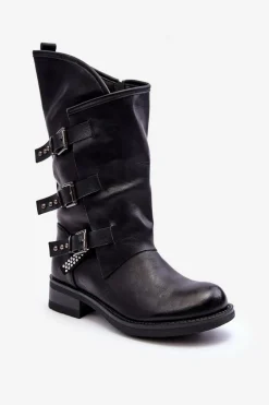 Skórzane Kozaki Damskie Na Płaskim Obcasie Czarne Nyreo