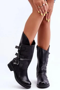 Skórzane Kozaki Damskie Na Płaskim Obcasie Czarne Nyreo