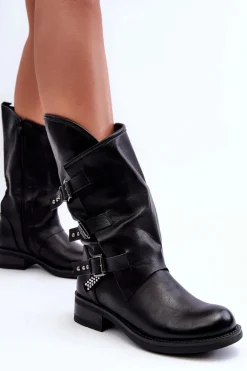 Skórzane Kozaki Damskie Na Płaskim Obcasie Czarne Nyreo