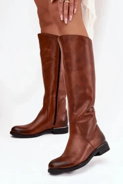 Skórzane Kozaki Damskie Na Płaskim Obcasie Ocieplane Zazoo 70150 Brązowe