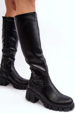 Skórzane Kozaki Damskie Na Niskim Masywnym Obcasie Czarne Nienna