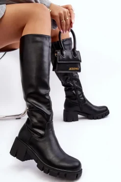 Skórzane Kozaki Damskie Na Niskim Masywnym Obcasie Czarne Nienna