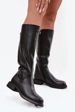 Skórzane Kozaki Damskie Na Płaskim Obcasie Ocieplane D&A JC52-837 Czarne