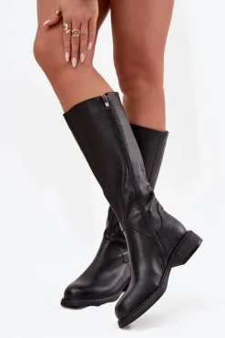 Skórzane Kozaki Damskie Na Płaskim Obcasie Ocieplane D&A JC52-837 Czarne