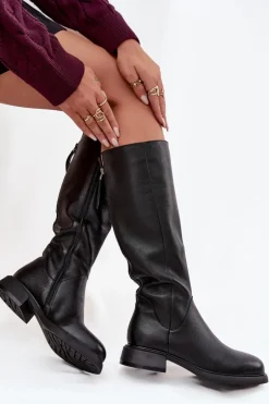 Skórzane Kozaki Damskie Na Płaskim Obcasie Ocieplane D&A JC52-837 Czarne