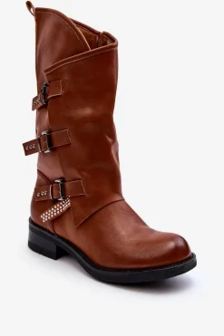 Skórzane Kozaki Damskie Na Płaskim Obcasie Brązowe Nyreo