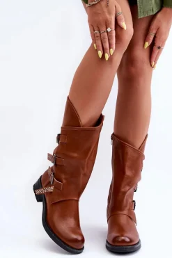 Skórzane Kozaki Damskie Na Płaskim Obcasie Brązowe Nyreo