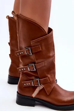 Skórzane Kozaki Damskie Na Płaskim Obcasie Brązowe Nyreo