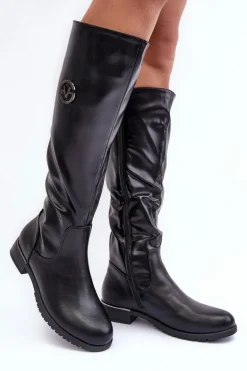 Skórzane Kozaki Damskie Na Płaskim Obcasie Czarne Albuna