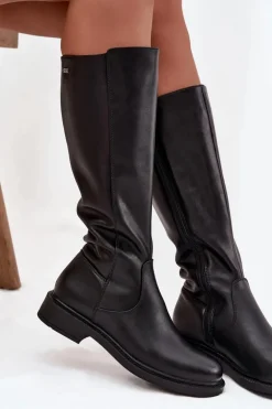 Skórzane Kozaki Damskie Ocieplane Na Płaskim Obcasie Sergio Leone KZ25600-S Czarne