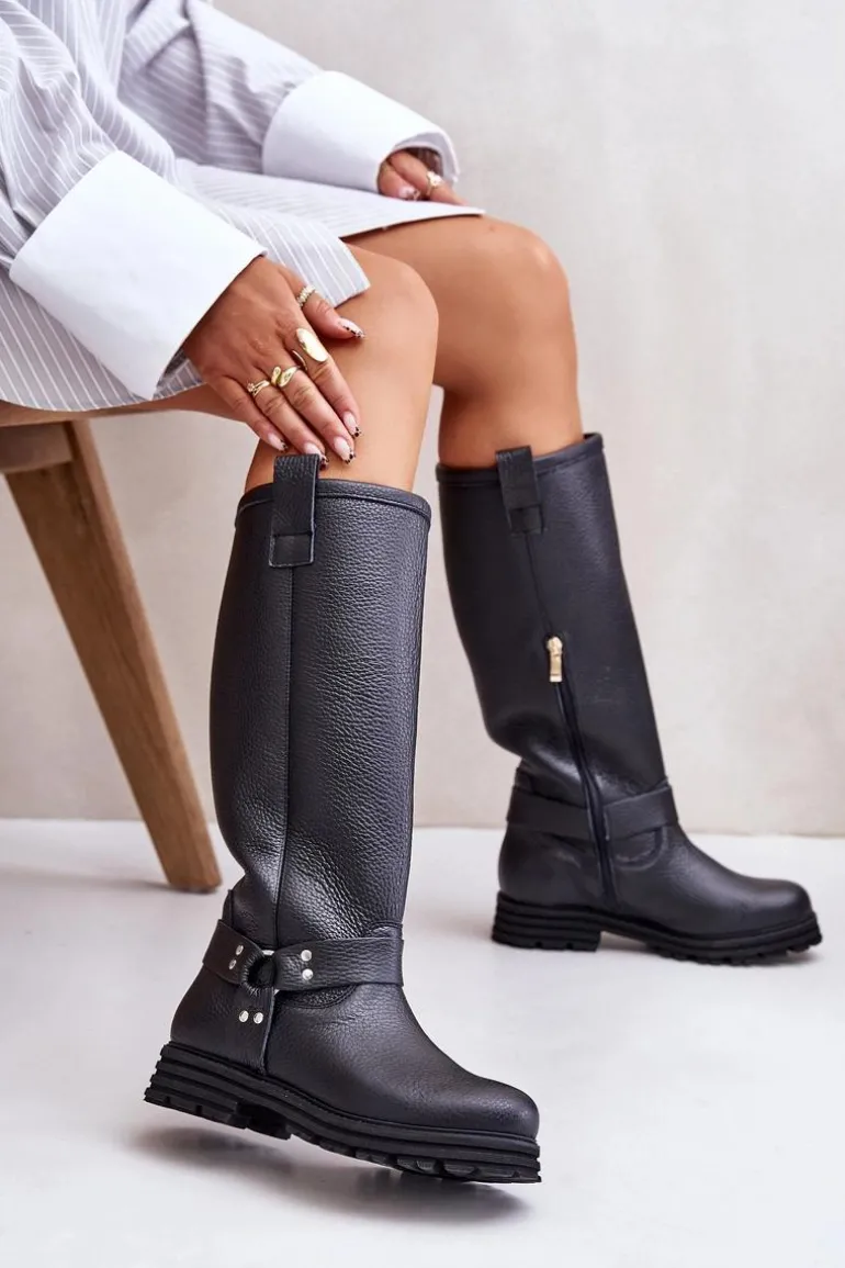 Skórzane Kozaki Damskie Przed Kolano Lewski 3615 Czarne