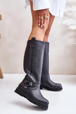 Skórzane Kozaki Damskie Przed Kolano Lewski 3615 Czarne