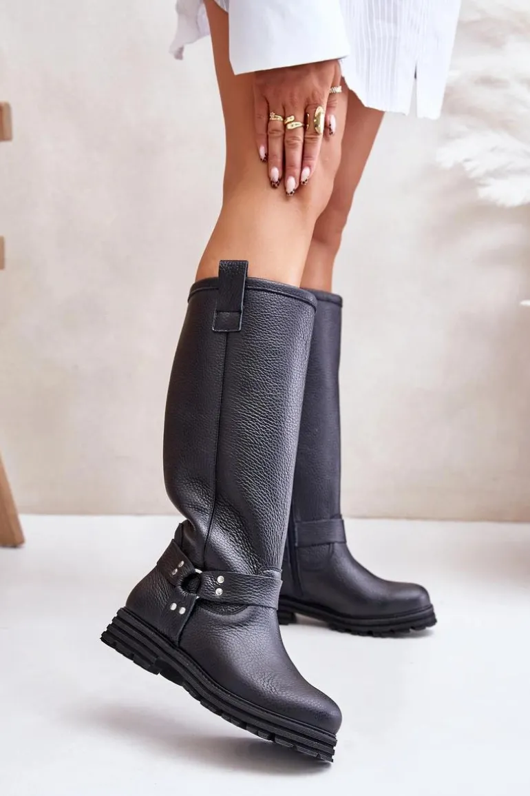 Skórzane Kozaki Damskie Przed Kolano Lewski 3615 Czarne