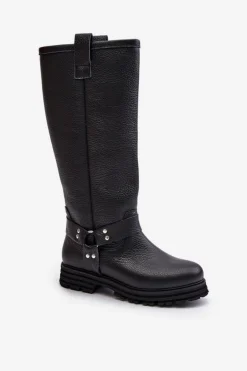 Skórzane Kozaki Damskie Przed Kolano Lewski 3615 Czarne