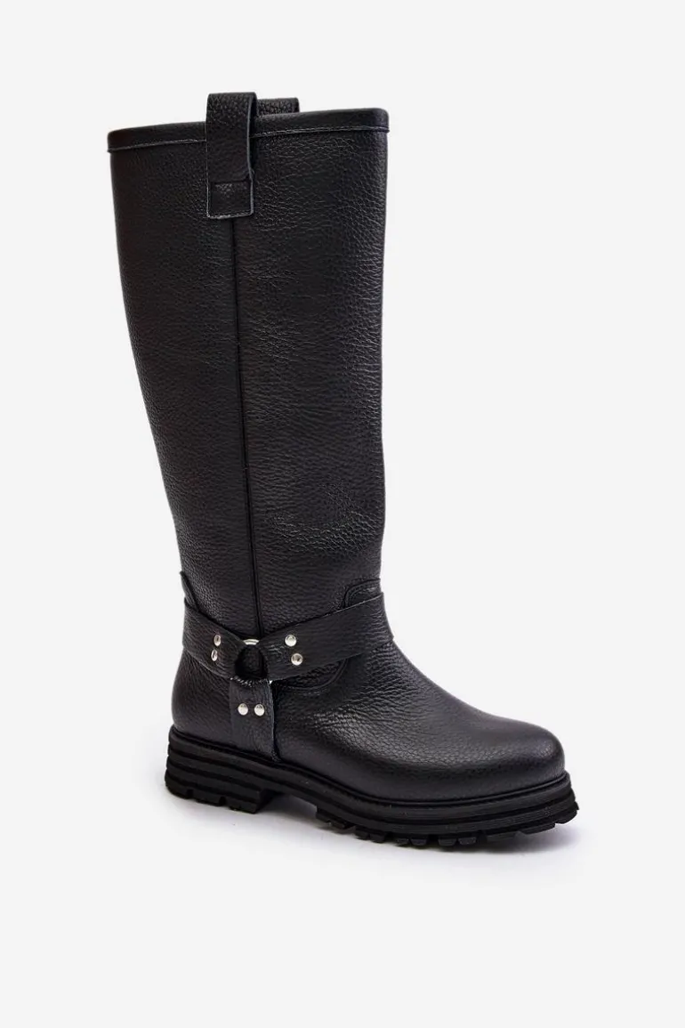 Skórzane Kozaki Damskie Przed Kolano Lewski 3615 Czarne