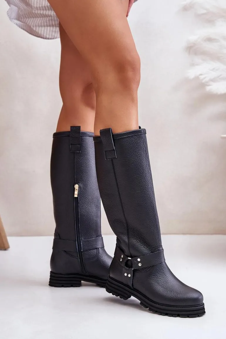 Skórzane Kozaki Damskie Przed Kolano Lewski 3615 Czarne