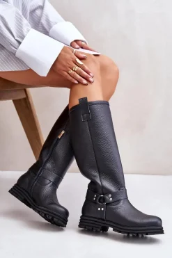Skórzane Kozaki Damskie Przed Kolano Lewski 3615 Czarne