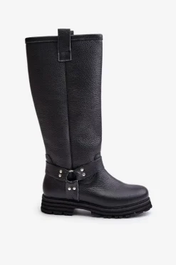 Skórzane Kozaki Damskie Przed Kolano Lewski 3615 Czarne