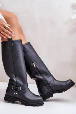 Skórzane Kozaki Damskie Przed Kolano Lewski 3615 Czarne