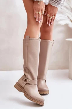 Skórzane Kozaki Damskie Przed Kolano Lewski 3615 Beżowe