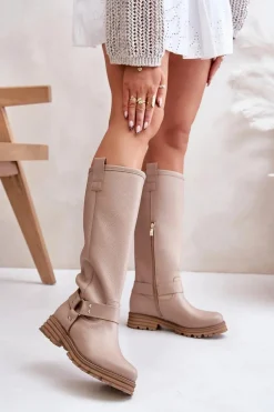 Skórzane Kozaki Damskie Przed Kolano Lewski 3615 Beżowe
