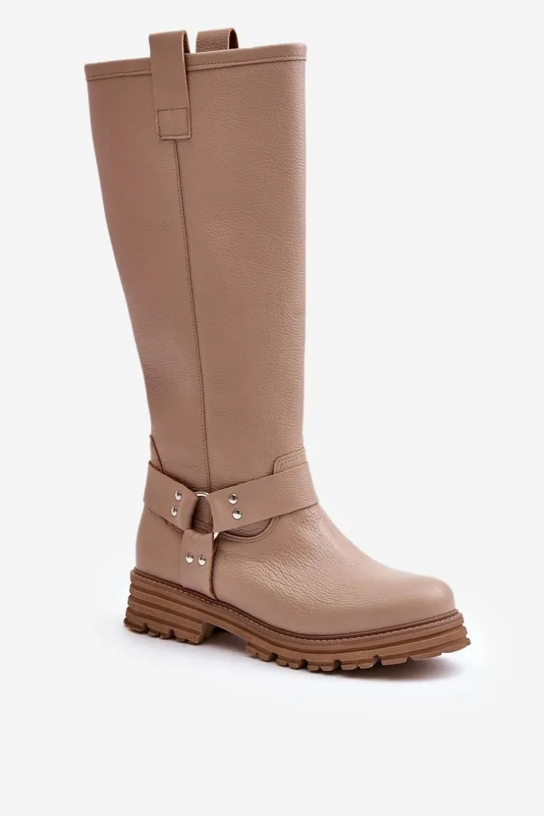 Skórzane Kozaki Damskie Przed Kolano Lewski 3615 Beżowe