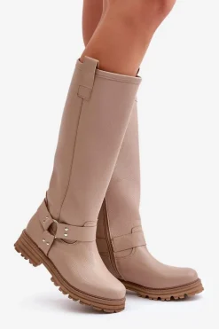 Skórzane Kozaki Damskie Przed Kolano Lewski 3615 Beżowe