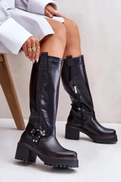Skórzane Kozaki Damskie Przed Kolano Lewski 3432 Czarne