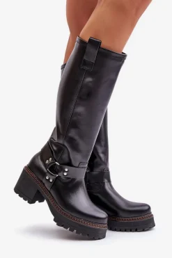 Skórzane Kozaki Damskie Przed Kolano Lewski 3432 Czarne