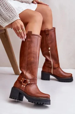 Skórzane Kozaki Damskie Przed Kolano Lewski 3432 Camel