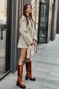 Skórzane Kozaki Damskie Przed Kolano Lewski 3432 Camel