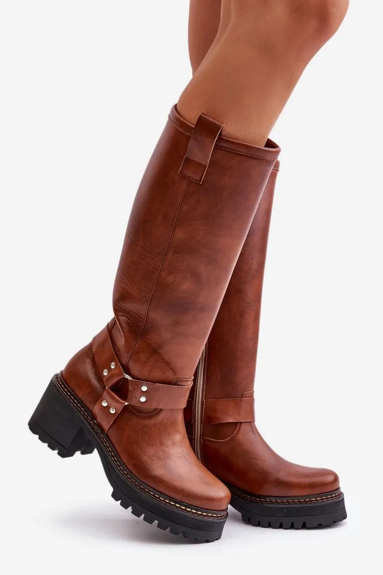 Skórzane Kozaki Damskie Przed Kolano Lewski 3432 Camel