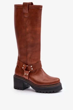 Skórzane Kozaki Damskie Przed Kolano Lewski 3432 Camel