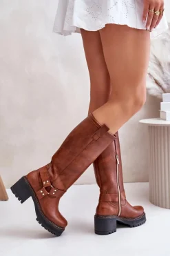 Skórzane Kozaki Damskie Przed Kolano Lewski 3432 Camel