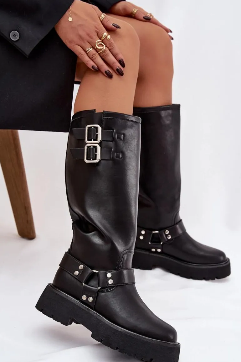 Skórzane Kozaki Damskie Z Klamrami Ocieplane Big Star OO274A180 Czarne