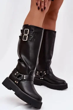 Skórzane Kozaki Damskie Z Klamrami Ocieplane Big Star OO274A180 Czarne