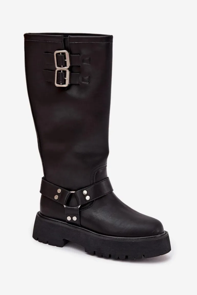 Skórzane Kozaki Damskie Z Klamrami Ocieplane Big Star OO274A180 Czarne