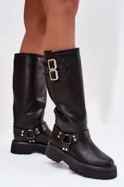 Skórzane Kozaki Damskie Z Klamrami Ocieplane Big Star OO274A180 Czarne