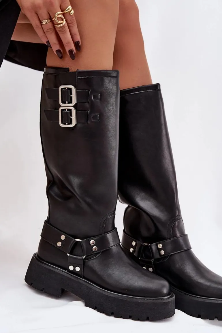 Skórzane Kozaki Damskie Z Klamrami Ocieplane Big Star OO274A180 Czarne