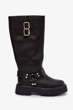 Skórzane Kozaki Damskie Z Klamrami Ocieplane Big Star OO274A180 Czarne