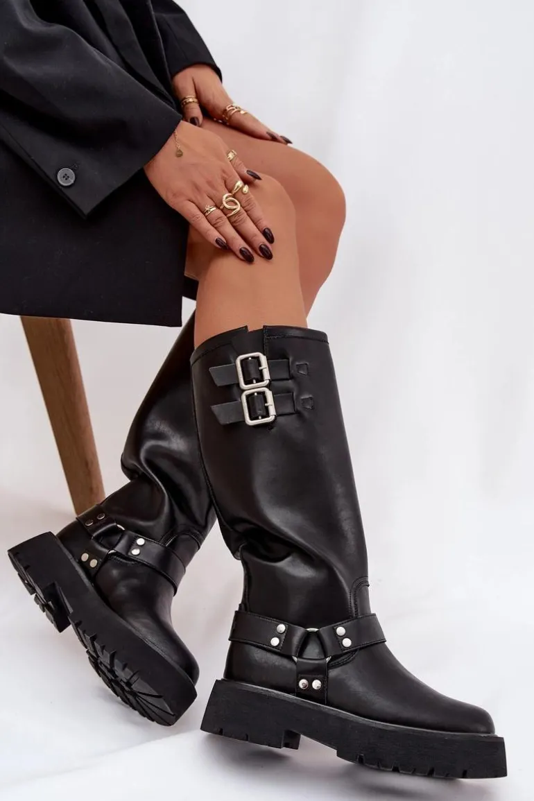 Skórzane Kozaki Damskie Z Klamrami Ocieplane Big Star OO274A180 Czarne