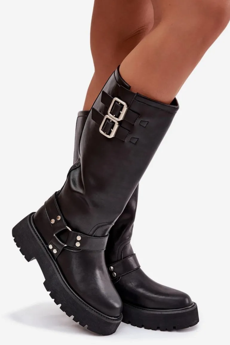 Skórzane Kozaki Damskie Z Klamrami Ocieplane Big Star OO274A180 Czarne