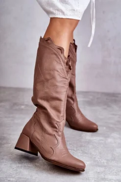 Skórzane Kozaki Do Kolana Ciemnobeżowe Andreia