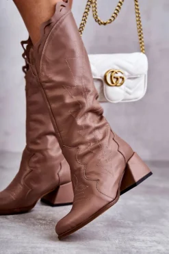 Skórzane Kozaki Do Kolana Ciemnobeżowe Andreia