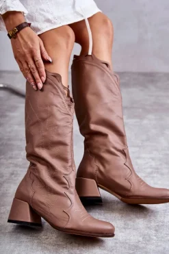 Skórzane Kozaki Do Kolana Ciemnobeżowe Andreia