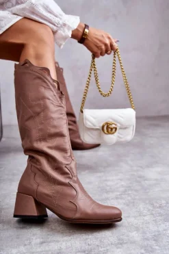 Skórzane Kozaki Do Kolana Ciemnobeżowe Andreia