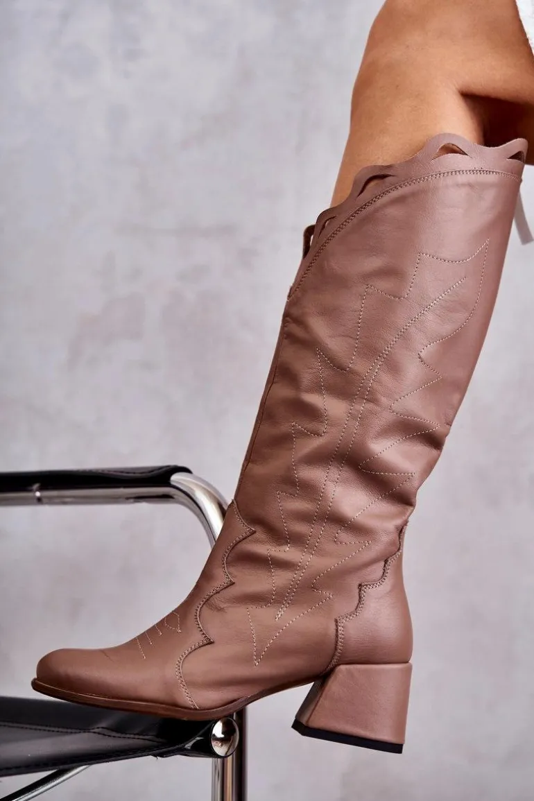 Skórzane Kozaki Do Kolana Ciemnobeżowe Andreia