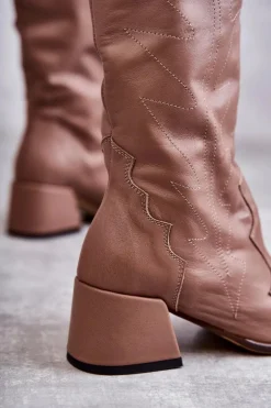 Skórzane Kozaki Do Kolana Ciemnobeżowe Andreia