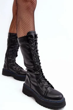 Skórzane Kozaki Glany Sznurowane Z Suwakiem Czarne Zoraida